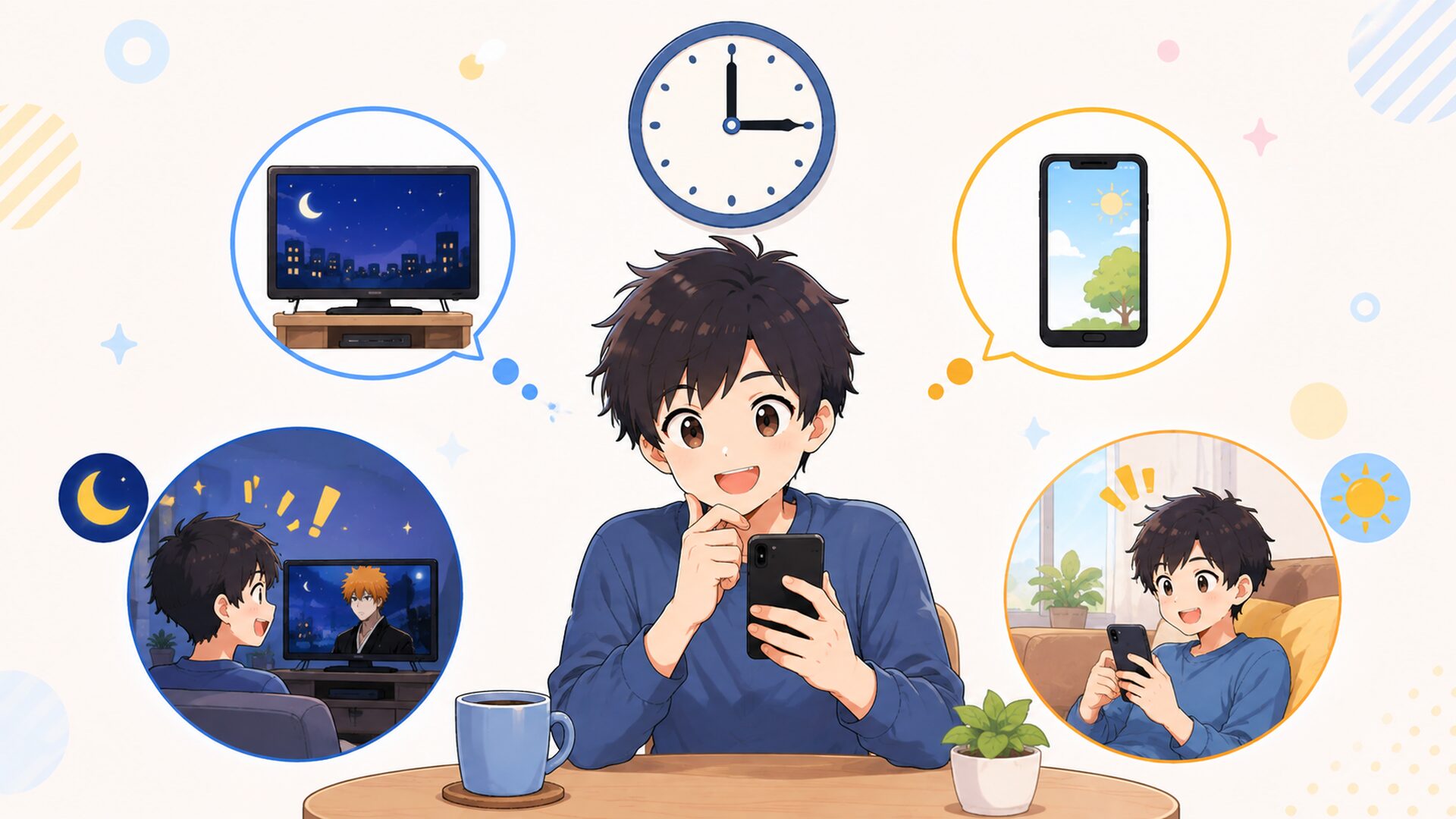 金曜深夜の部屋でスマートフォンを手に逃げ上手の若君2期の最新話配信を待つ社会人アニメファン