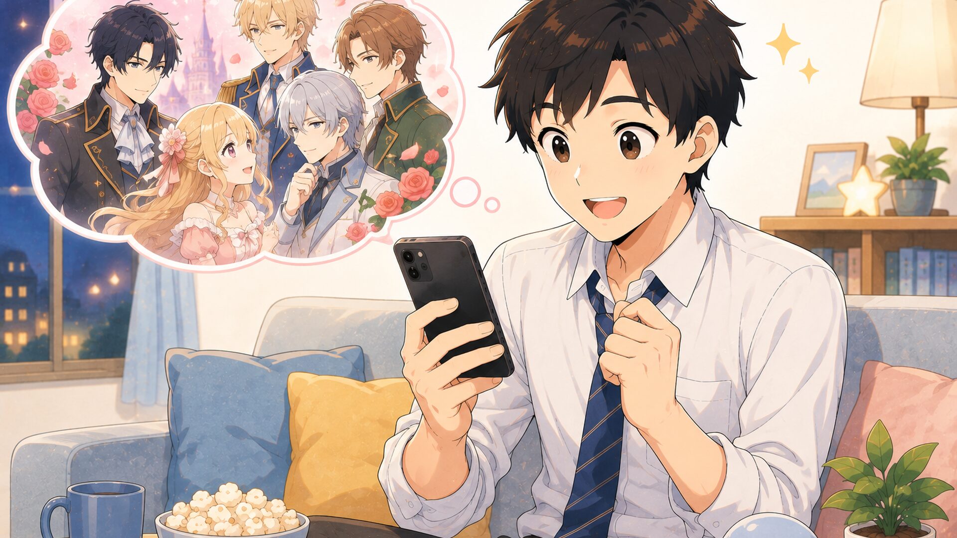 水曜夜にスマートフォンでクレバテス2期の最新話を待つ会社員