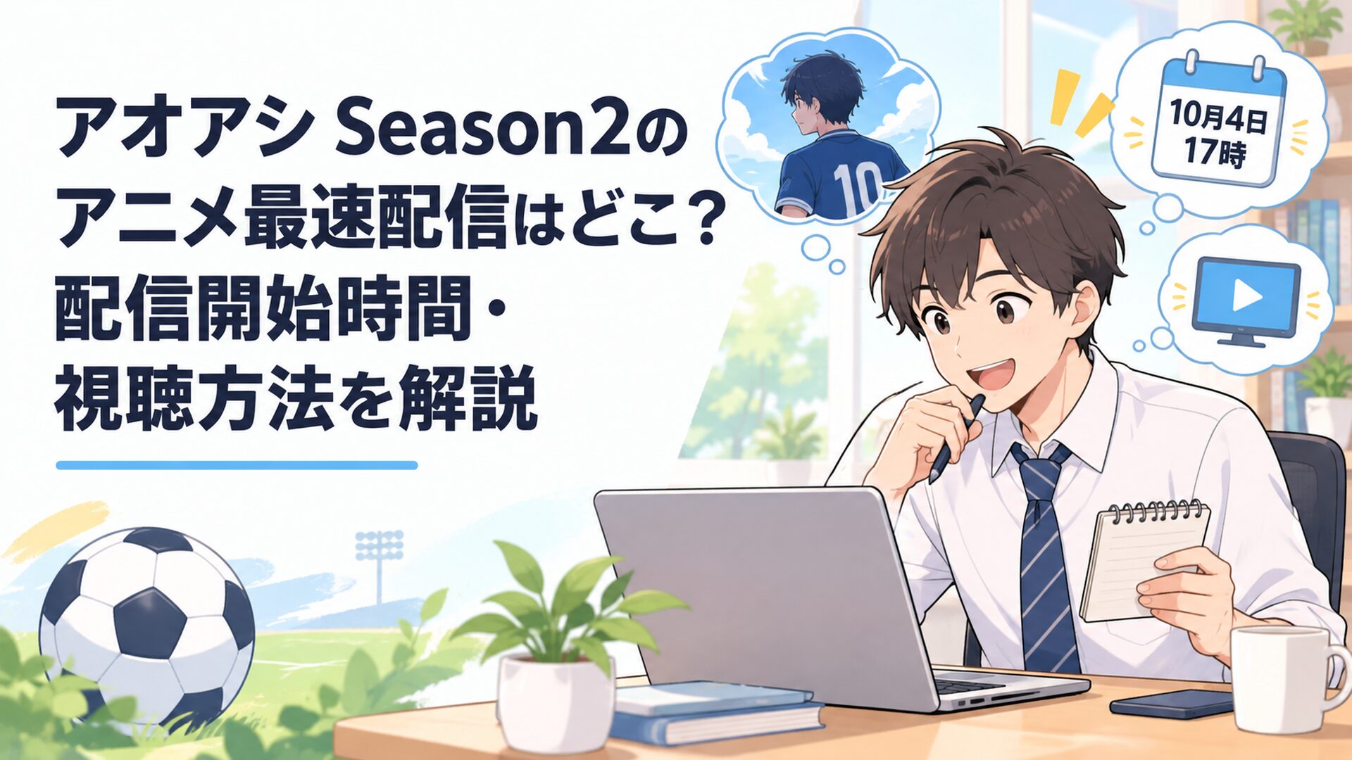 アオアシ Season2の10月4日17時放送と動画配信予定を確認する会社員