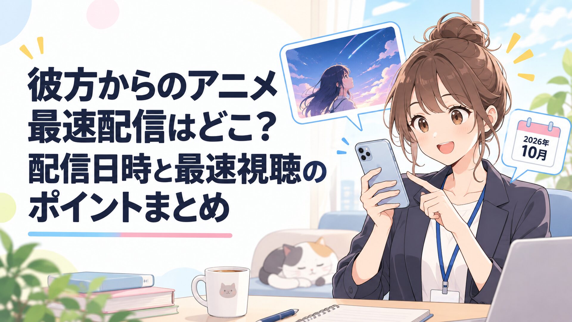アニメ彼方からの最速配信情報と2026年10月の放送予定をスマートフォンで確認する会社員