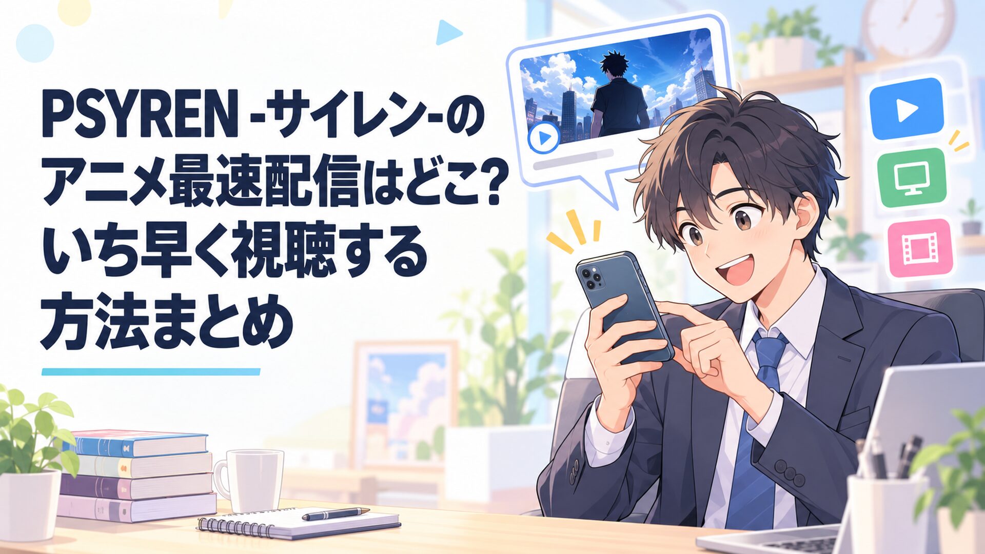 PSYREN -サイレン-のアニメ最速配信情報をスマートフォンで確認する会社員