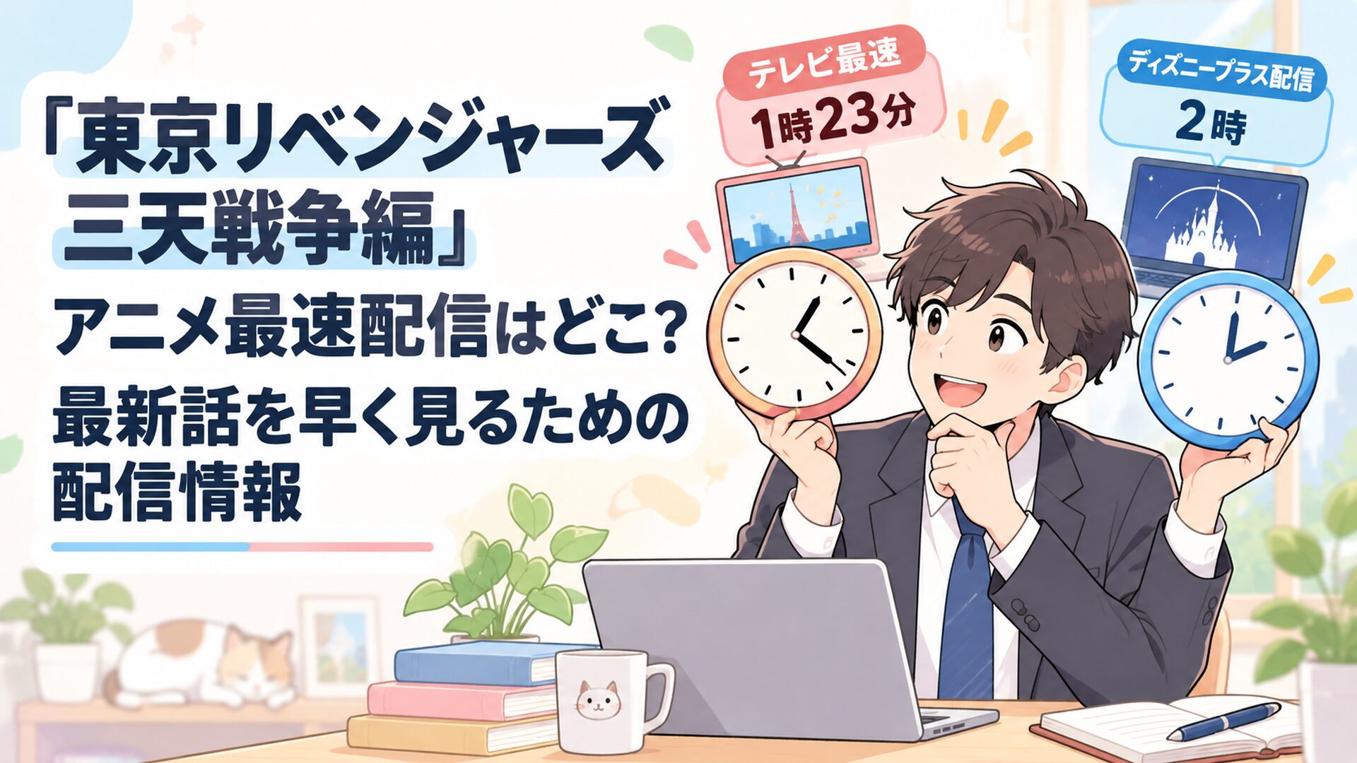 東京リベンジャーズ 三天戦争編のテレビ最速1時23分とディズニープラス配信2時を時計で比較する会社員