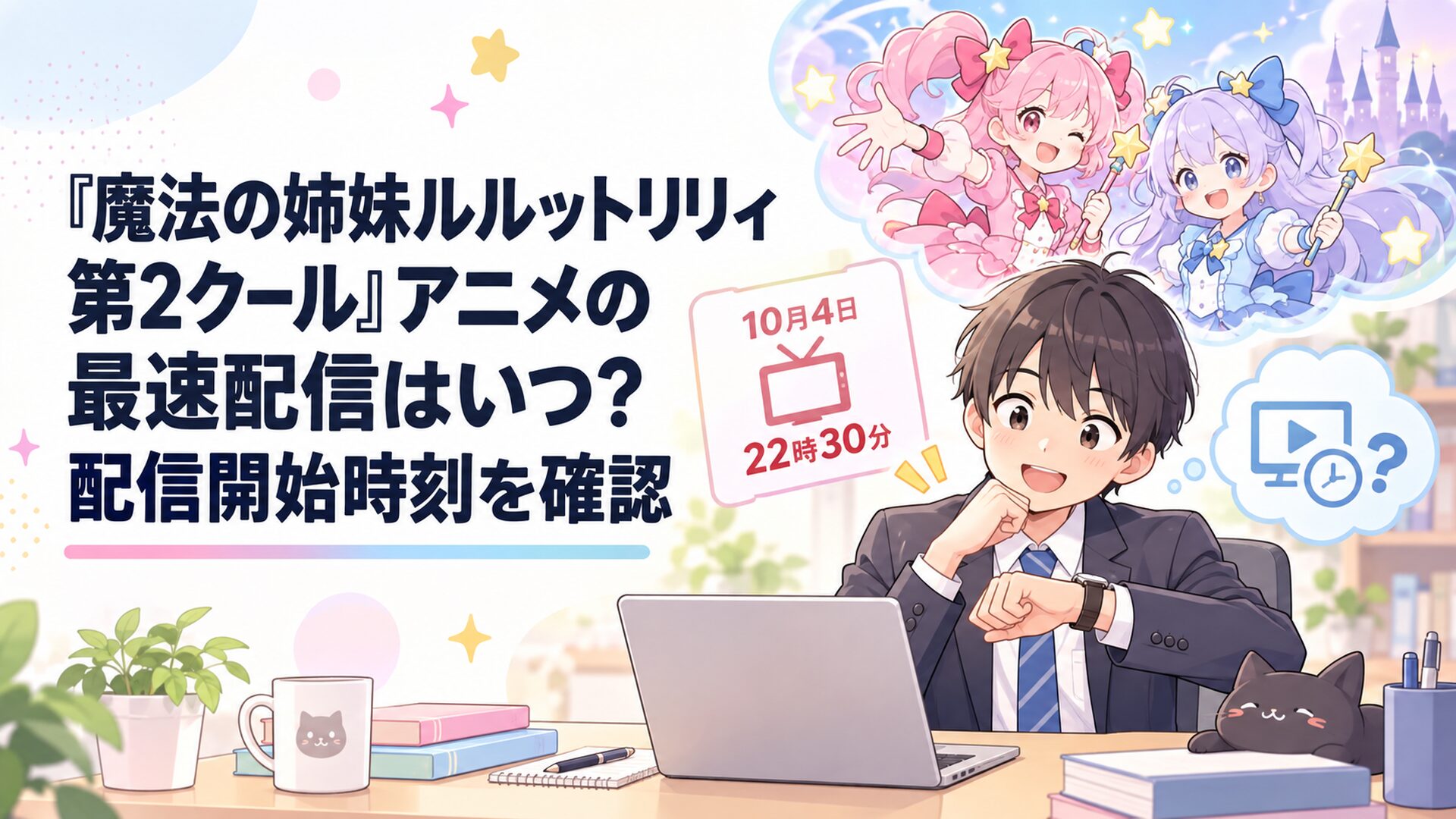 『魔法の姉妹ルルットリリィ 第2クール』の10月4日22時30分テレビ放送と未発表の動画配信時刻を時計で確認する会社員