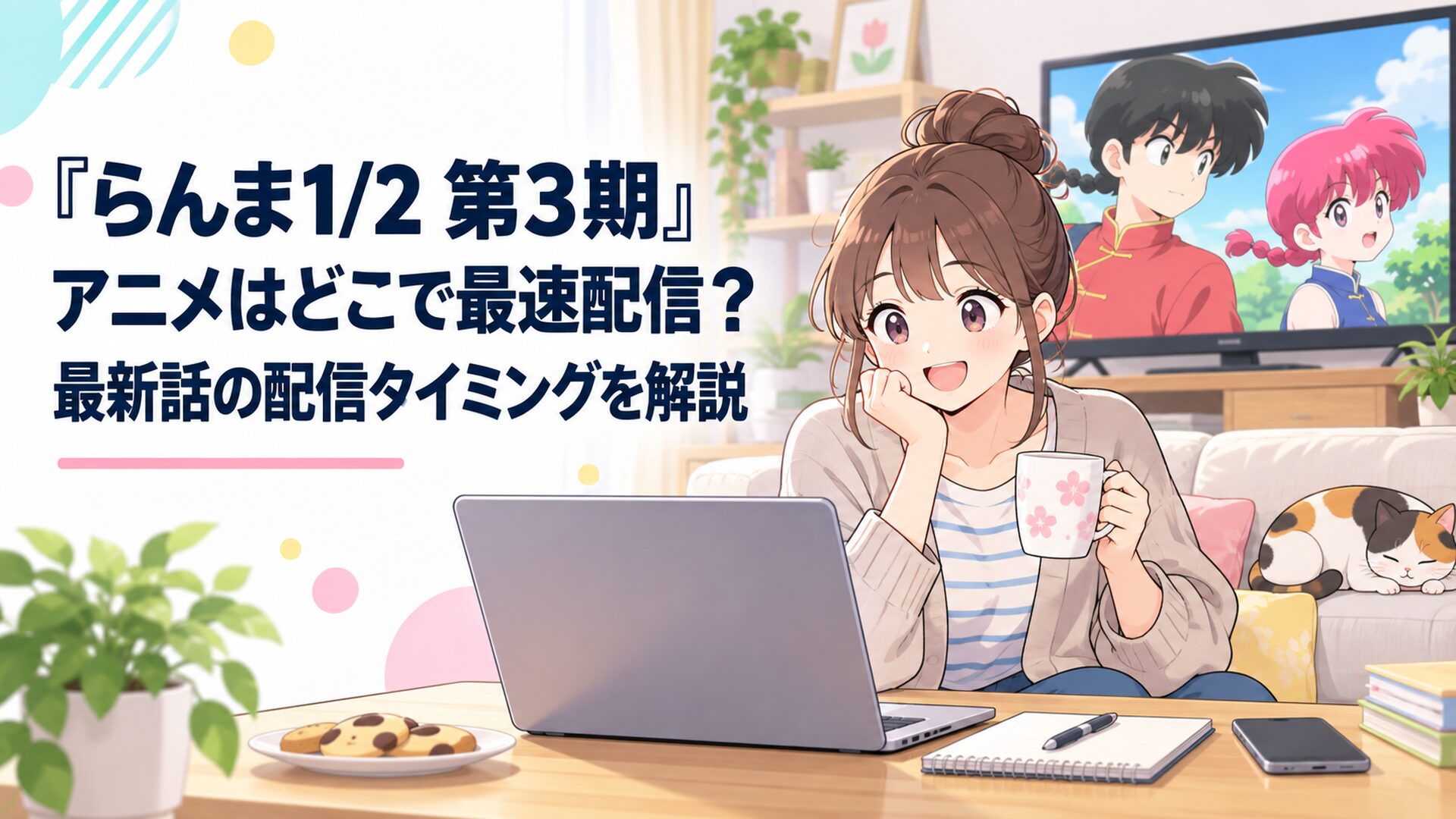 『らんま1/2 第3期』のテレビ放送と放送直後の動画配信を自宅でチェックする会社員
