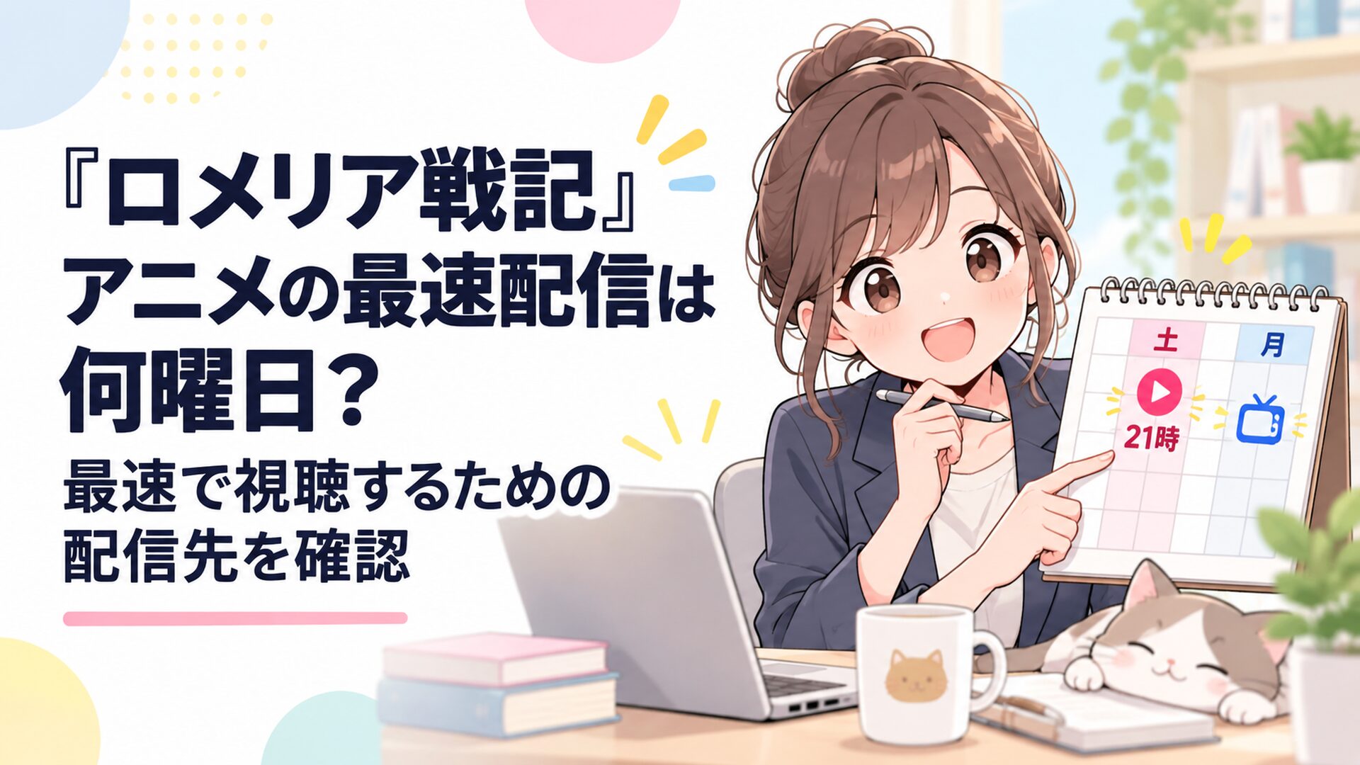 『ロメリア戦記』アニメの土曜21時最速配信と月曜テレビ放送をカレンダーで確認する会社員