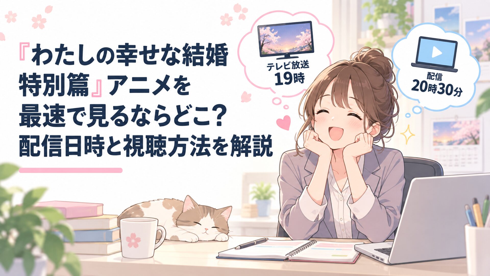 『わたしの幸せな結婚 特別篇』のテレビ19時放送と20時30分配信を確認して楽しみに待つ会社員
